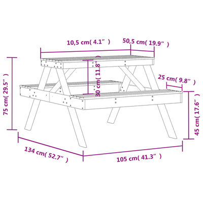 vidaXL Τραπέζι Πικνίκ 105 x 134 x 75 εκ. από Μασίφ Ξύλο Ψευδοτσούγκας