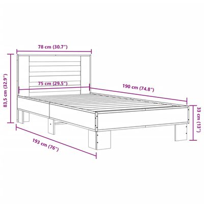 vidaXL Πλαίσιο Κρεβατιού Μαύρο 75 x 190 εκ. Επεξ. Ξύλο & Μέταλλο