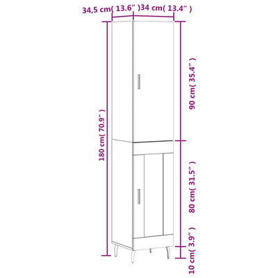 vidaXL Ντουλάπι Λευκό 34,5 x 34 x 180 εκ. από Επεξεργασμένο Ξύλο