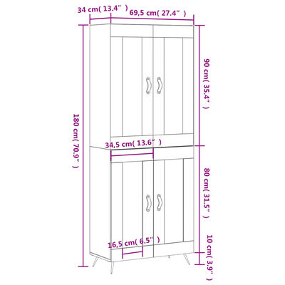 vidaXL Ντουλάπι Γκρι Σκυροδέματος 69,5x34x180 εκ. Επεξεργασμένο Ξύλο