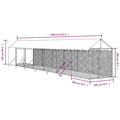 vidaXL Κλουβί Σκύλου Εξ. Χώρου με Οροφή Ασημί 2x14x2,5 μ. Γαλβ. Ατσάλι