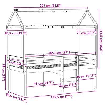 vidaXL Κρεβάτι Υπερυψωμένο με Οροφή 75x190εκ. από Μασίφ Ξύλο Πεύκου