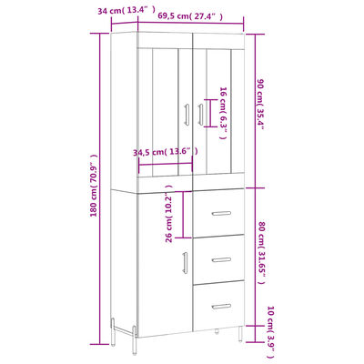 vidaXL Ντουλάπι Γκρι Σκυροδέματος 69,5x34x180 εκ. Επεξεργασμένο Ξύλο