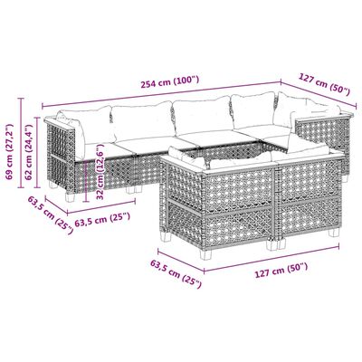 vidaXL Καναπές Σετ 7 Τεμαχίων Μαύρο Συνθετικό Ρατάν με Μαξιλάρια