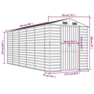 vidaXL Αποθήκη Κήπου Ανοιχτό Γκρι 191x470x198 εκ. Γαλβανισμένο Ατσάλι