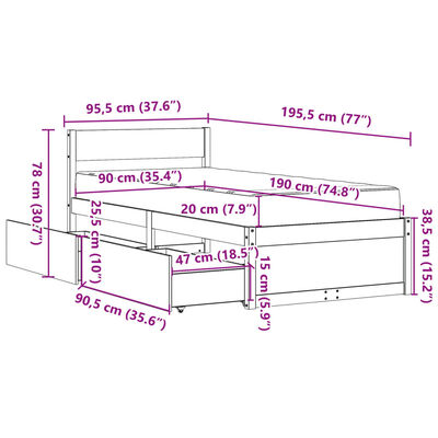 vidaXL Κρεβάτι με Συρτάρια+Στρώμα Λευκό 90x190 εκ. Μασίφ Ξύλο Πεύκου