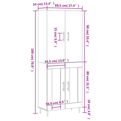 vidaXL Ντουλάπι Γκρι Sonoma 69,5 x 34 x 180 εκ. Επεξεργασμένο Ξύλο