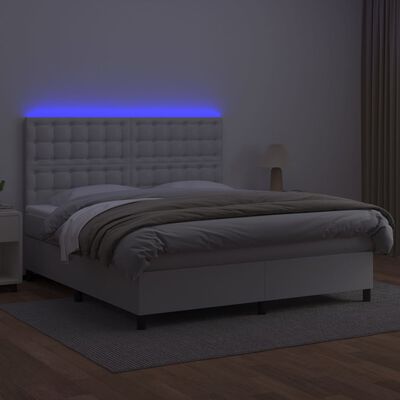 vidaXL Κρεβάτι Boxspring με Στρώμα & LED Λευκό 180x200 εκ. Συνθ. Δέρμα