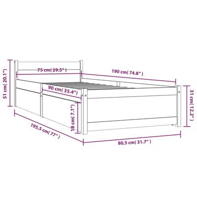 vidaXL Πλαίσιο Κρεβατιού Με Συρτάρια Μαύρο 75x190 εκ Small Single