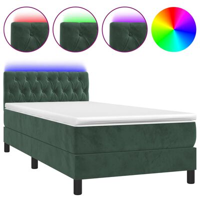 vidaXL Κρεβάτι Boxspring με Στρώμα & LED Σκ. Πράσινο 100x200εκ Βελούδο