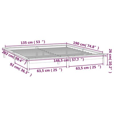 vidaXL Πλαίσιο Κρεβατιού με LED Μαύρο 135 x 190 εκ. Διπλό Μασίφ Ξύλο