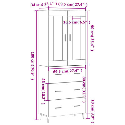 vidaXL Ντουλάπι Μαύρο 69,5x34x180 εκ. από Επεξεργασμένο Ξύλο