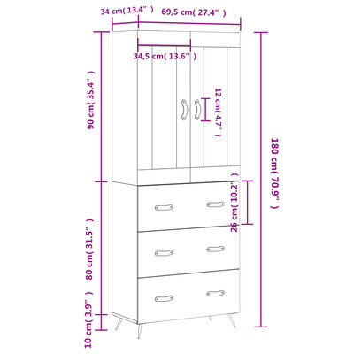 vidaXL Ντουλάπι Γκρι Σκυροδέματος 69,5x34x180 εκ. Επεξεργασμένο Ξύλο