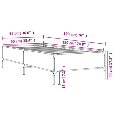 vidaXL Πλαίσιο Κρεβατιού Γκρι Sonoma 90 x 190 εκ. Επεξ. Ξύλο & Μέταλλο