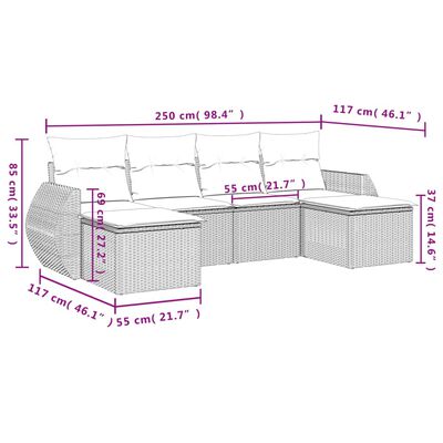 vidaXL Σαλόνι Κήπου Σετ 6 Τεμαχίων Γκρι Συνθετικό Ρατάν με Μαξιλάρια