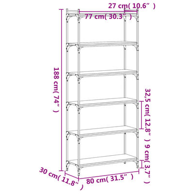 vidaXL Βιβλιοθήκη 6 Επιπέδων Καπνιστή Δρυς 80x30x188 εκ. Επεξεργ. Ξύλο