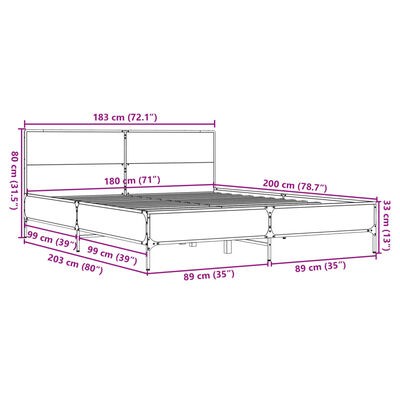 vidaXL Πλαίσιο Κρεβατιού Καπνιστή Δρυς 180x200εκ. Επεξ. Ξύλο & Μέταλλο