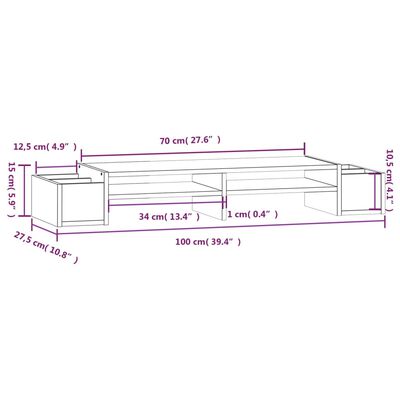 vidaXL Βάση Οθόνης Γκρι 100x27,5x15 εκ. από Μασίφ Ξύλο Πεύκου