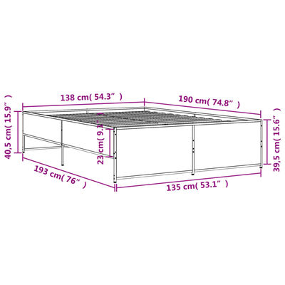 vidaXL Πλαίσιο Κρεβατιού Καφέ Δρυς 135x190 εκ. Επεξ. Ξύλο & Μέταλλο