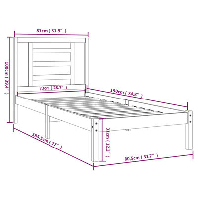 vidaXL Πλαίσιο Κρεβατιού Λευκό 75x190 εκ. Μασίφ Ξύλο Small Single