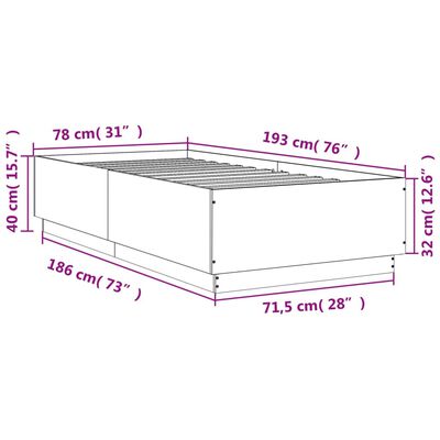 vidaXL Πλαίσιο Κρεβατιού με LED Καπνιστή Δρυς 75x190 εκ. Επεξεργ. Ξύλο