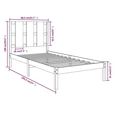 vidaXL Πλαίσιο Κρεβατιού Λευκό 75x190 εκ. Μασίφ Ξύλο Small Single