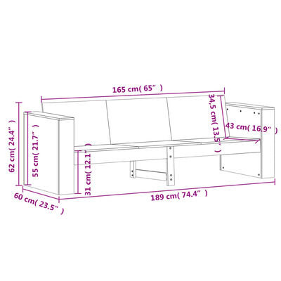 vidaXL Καναπές Κήπου Τριθέσιος 189x60x62 εκ. Μασίφ Ξύλο Ψευδοτσούγκας