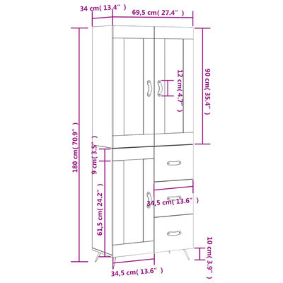 vidaXL Ντουλάπι Γκρι Sonoma 69,5 x 34 x 180 εκ. Επεξεργασμένο Ξύλο