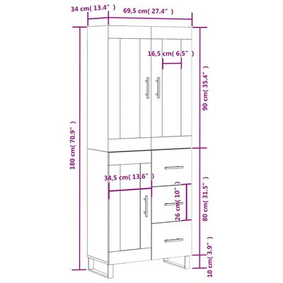 vidaXL Ντουλάπι Καφέ Δρυς 69,5 x 34 x 180 εκ. από Επεξεργασμένο Ξύλο