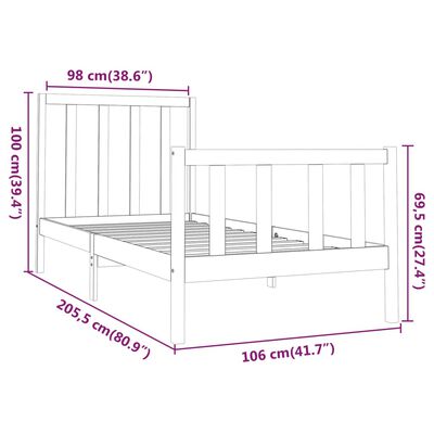 vidaXL Πλαίσιο Κρεβατιού Μαύρο 100 x 200 εκ. από Μασίφ Ξύλο Πεύκου