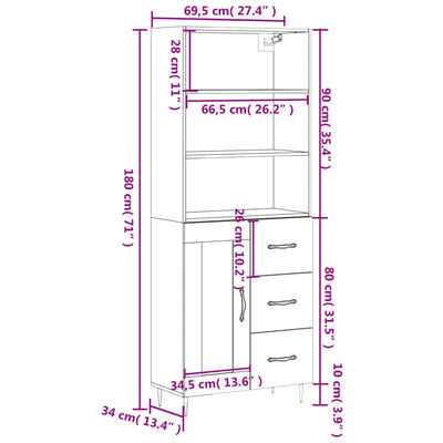 vidaXL Ντουλάπι Καφέ Δρυς 69,5 x 34 x 180 εκ. από Επεξεργασμένο Ξύλο