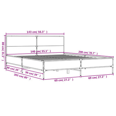 vidaXL Πλαίσιο Κρεβατιού Γκρι Sonoma 140x200 εκ. Επεξ. Ξύλο & Μέταλλο