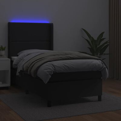 vidaXL Κρεβάτι Boxspring με Στρώμα & LED Μαύρο 90x200 εκ. Συνθ. Δέρμα