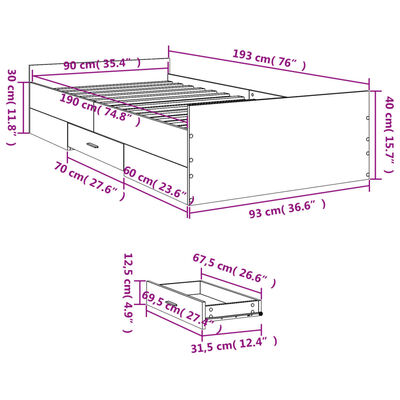 vidaXL Πλαίσιο Κρεβατιού με Συρτάρια Γκρι Sonoma 90x190εκ. Επεξ. Ξύλο