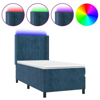 vidaXL Κρεβάτι Boxspring με Στρώμα & LED Σκ. Μπλε 100x200εκ. Βελούδινο