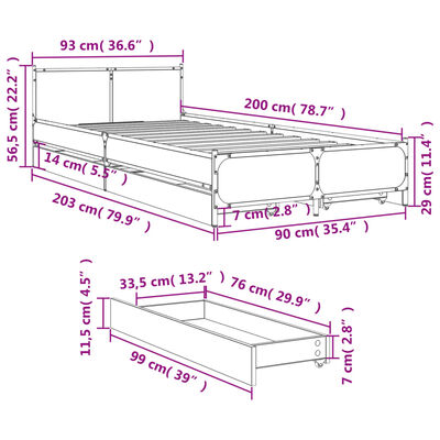 vidaXL Πλαίσιο Κρεβατιού με συρτάρια Γκρι sonoma 90x200εκ. Επεξ. Ξύλο