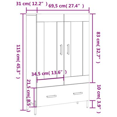 vidaXL Ντουλάπα Γυαλ. Λευκό 69,5 x 31 x 115 εκ. από Επεξεργασμένο Ξύλο