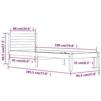 vidaXL Πλαίσιο Κρεβατιού Λευκό 90 x 190 εκ. από Ξύλο Πεύκου 3FT Single