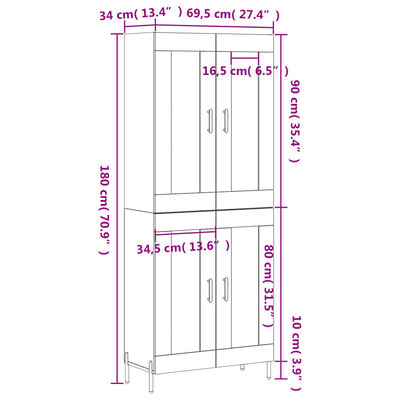 vidaXL Ντουλάπι Γκρι Σκυροδέματος 69,5x34x180 εκ. Επεξεργασμένο Ξύλο