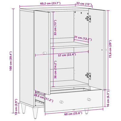 vidaXL Ντουλάπι 60 x 33 x 100 εκ. από Μασίφ Ξύλο Μάνγκο