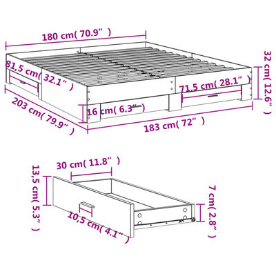 vidaXL Πλαίσιο Κρεβατιού με συρτάρια Καφέ δρυς 180x200 εκ. Επεξ. Ξύλο