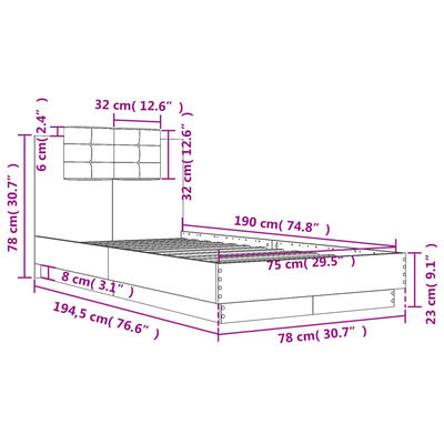 vidaXL Πλαίσιο Κρεβατιού με Κεφαλάρι Μαύρο 75x190 εκ. Επεξ. Ξύλο