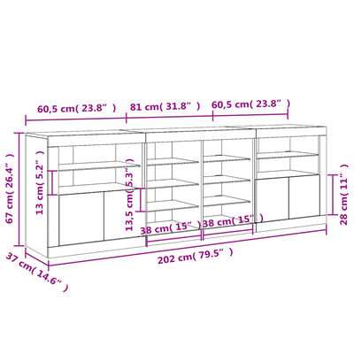 vidaXL Μπουφές με Φώτα LED Λευκός 202 x 37 x 67 εκ.