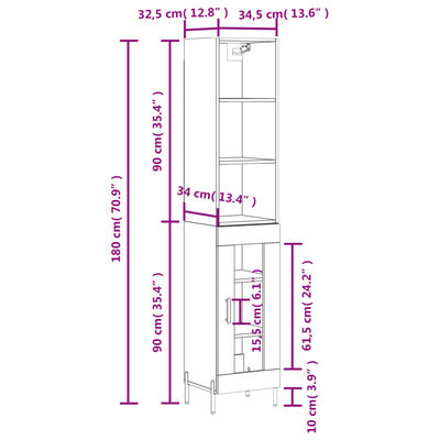 vidaXL Ντουλάπι Γυαλ. Λευκό 34,5 x 34 x 180 εκ. από Επεξεργασμένο Ξύλο