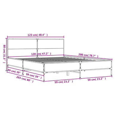 vidaXL Πλαίσιο Κρεβατιού Καφέ Δρυς 120x200 εκ. Επεξ. Ξύλο & Μέταλλο