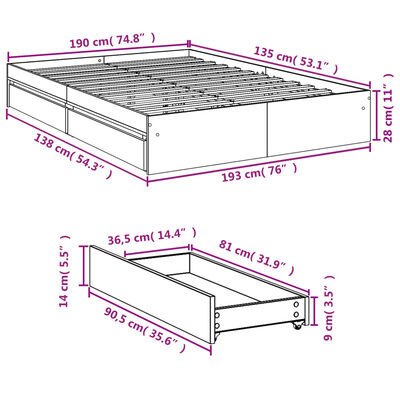 vidaXL Πλαίσιο Κρεβατιού με συρτάρια Γκρι sonoma 135x190εκ. Επεξ. Ξύλο