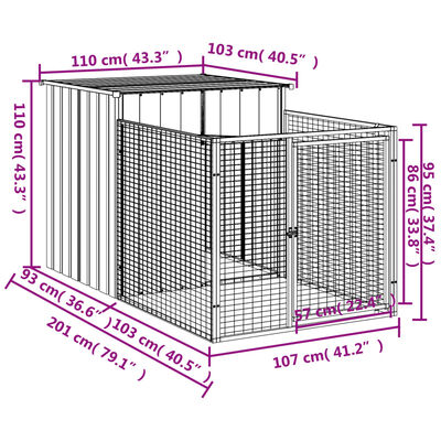 vidaXL Σπιτάκι Σκύλου με Αυλή Ανθρακί 110x201x110 εκ. Γαλβαν. Χάλυβας