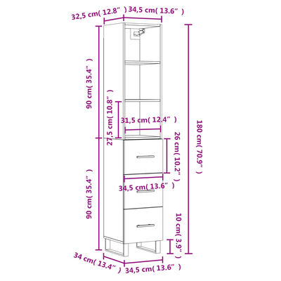 vidaXL Ντουλάπι Γυαλ. Λευκό 34,5 x 34 x 180 εκ. από Επεξεργασμένο Ξύλο