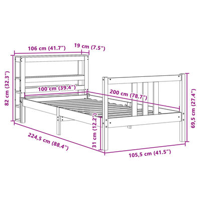 vidaXL Πλαίσιο Κρεβατιού με Κεφαλάρι Λευκό 100x200εκ Μασίφ Ξύλο Πεύκου