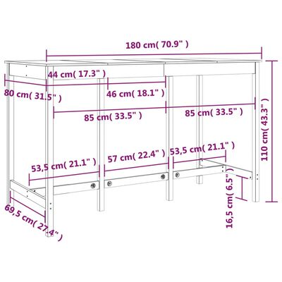 vidaXL Τραπέζι Μπαρ Καφέ Μελί 180x80x110 εκ. από Μασίφ Ξύλο Πεύκου